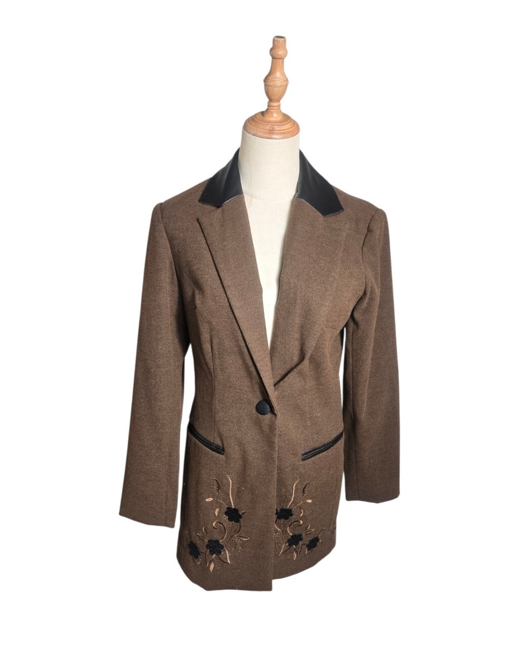 Coldwater Creek Brown Embroidered Equestrian Jacket with Black Faux Leather NWOT
